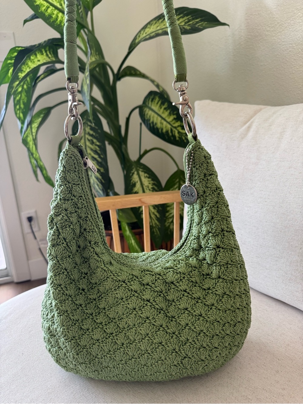 The Sak Granny Crochet Sage Green Slouchy Hobo Woven Bag Women’s Shoulder Purse - Picture 3 of 16
